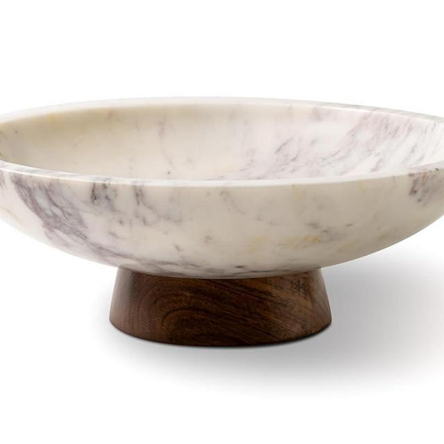 Cork & Mill Marble Decorative Bowl for Home Decor - Handcrafted Natural Stone with Acacia Wood Pedestal - Versatile 11" Catch All for Entryway, Kitchen Fruit Bowl, Potpourri, Dining Table Centerpiece