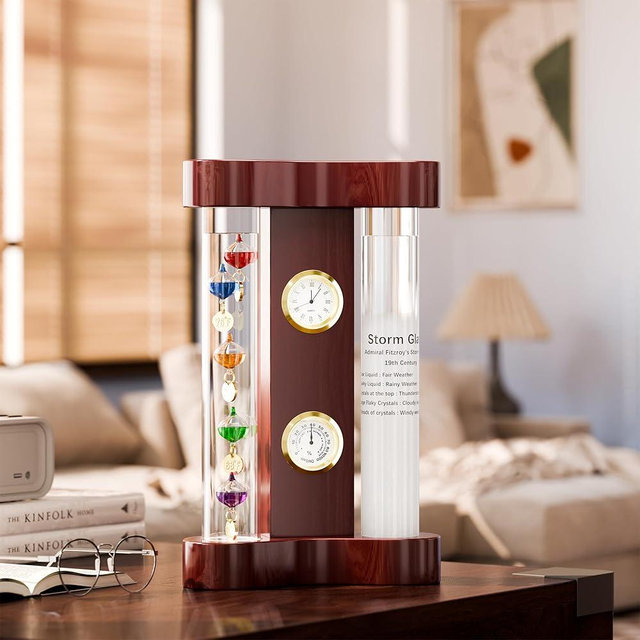 Analog Weather Station with Glass Galileo Thermometer Fitzroy Storm Glass Precision Quartz Clock and Analog Hygrometer Gift for Family or Friends Present Home, Office Indoor Décor (7" x 4.3")