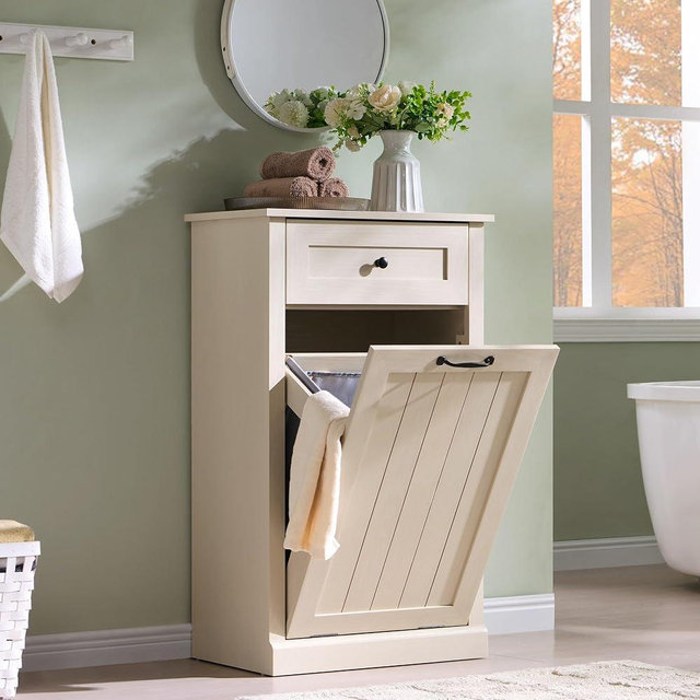 IFBUY Tilt Out Laundry Hamper Cabinet, 10 Gallon Farmhouse Trash Can Cabinet with Drawer, Hidden Wood Garbage Can Bin Cabinets with Laundry Storage Basket for Bathroom, Kitchen, Cream