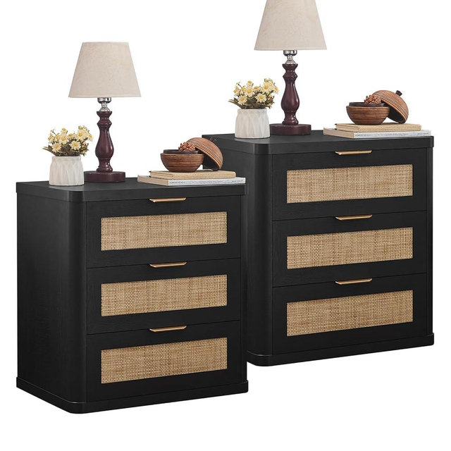 LEYAOYAO Rattan Night Stand with Drawers, 23" Large 3 Drawer Boho Nightstand, Black Bedside Table Storage Cabinet, Bed Side End Tables Dresser for Bedroom, Living Room, Hallway, Closet
