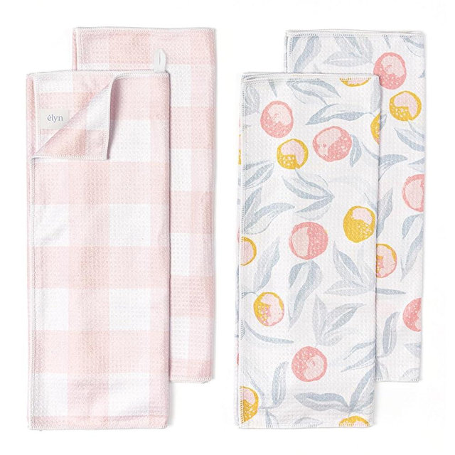 ELYN Microfiber Kitchen Dish Towel Set, Quick-Dry & Absorbent Waffle Weave Cleaning Towels, Set of 4 Kitchen Towels, Paper Towels Alternative (Oranges & Gingham)