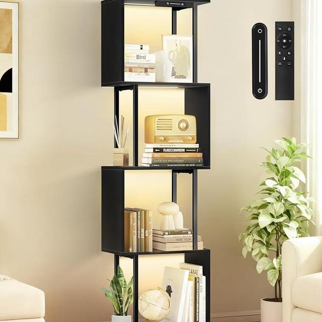 OUTONLIFE 5 Tier S-Shaped Geometric Bookshelf with LED Light, 3 Color Temperatures, Touch & Remote Control, Dimmable Standing Bookcase, Small Display Shelf for Living Room, Bedroom, Office(Black)