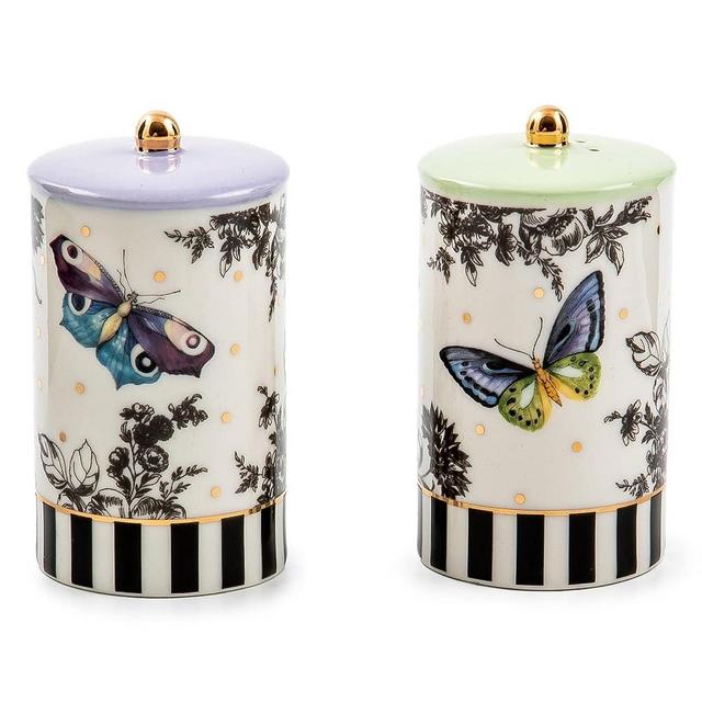 MACKENZIE-CHILDS Farmhouse Salt and Pepper Shaker Set, Ceramic Salt and Pepper Holders, Butterfly Toile