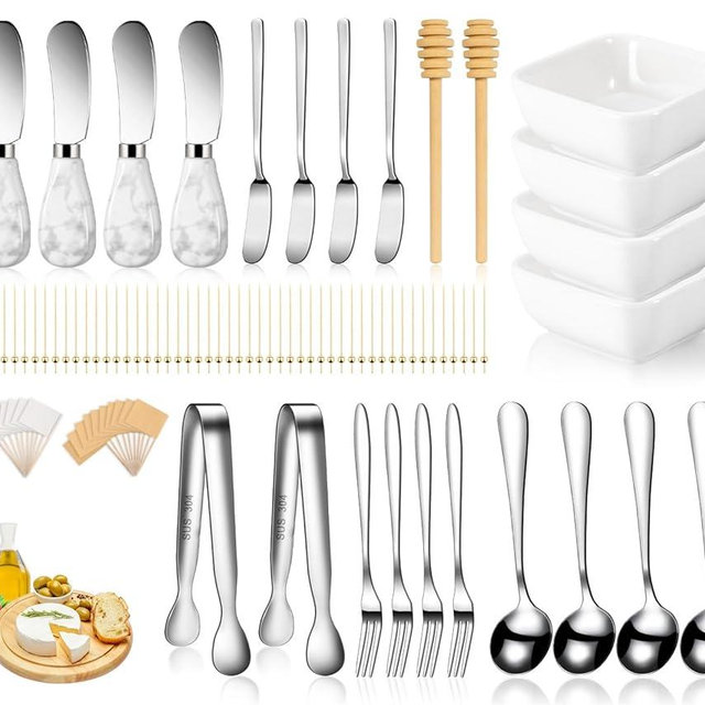 Charcuterie Board Accessories With 3 Oz Ceramic Dip Bowls, Ceramics Handle Silver Cheese Spreader Butter Knive Set Kit, Mini Tongs, Spoons, Forks,Honey Dipper, Cocktail Picks