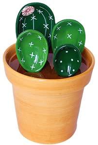 Keoeuii Ceramic Cactus Measuring Spoons and Cups, Cute Measuring Spoons Set in Pot, Cactus Shape Kitchen Decor Small Measuring Spoons(Green)