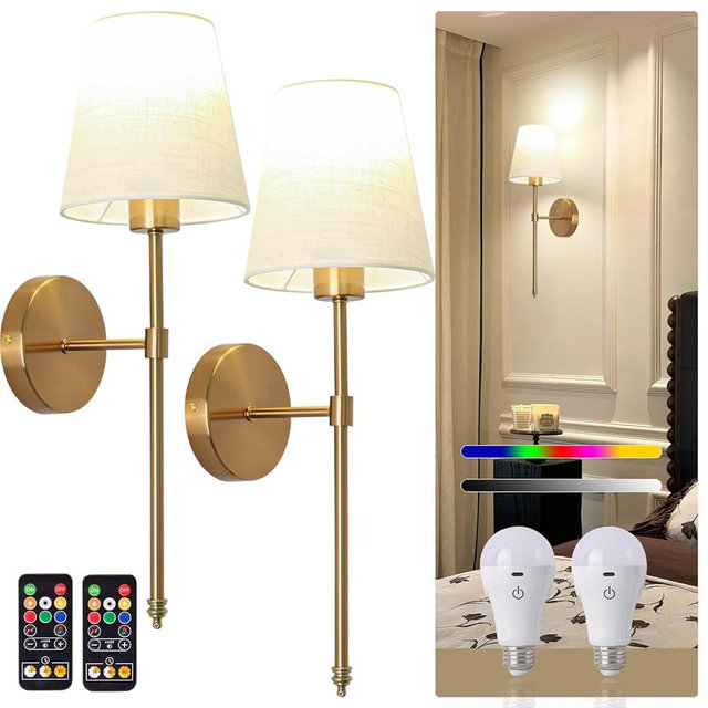 Rizzyluz Battery Operated Wall Sconce Set of 2, Gold Rechargeable Wall Lights with Remote Control, Dimmable Wall Sconce Lighting with Fabric Shade, Wireless Wall Lamps for Living Room Hallway