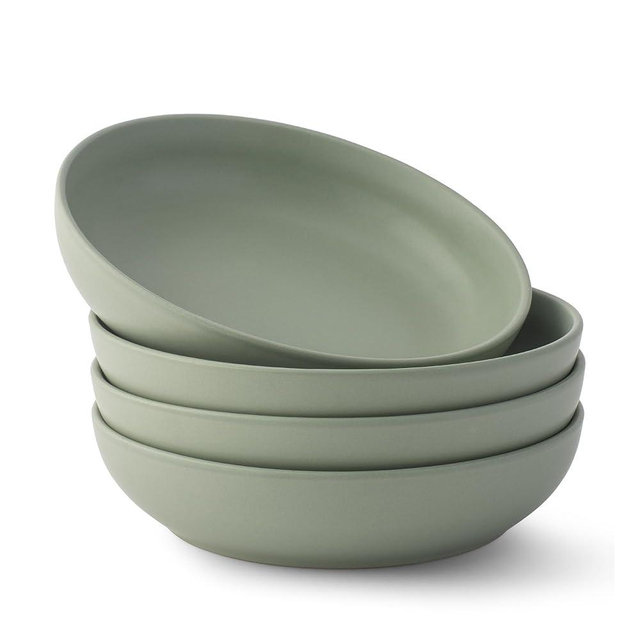 JoyJolt Mesa 40oz Stoneware Serving Bowls, Pasta Bowls Set of 4, Large Salad Pho Soup Bowls for Kitchen, Dishwasher and Microwave Safe Plate Bowls, Aesthetic Kitchen Essentials - Matte Sage Green