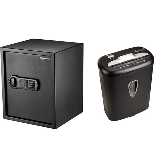 Amazon Basics Steel Home Security Safe with Programmable Keypad - 1.52 Cubic Feet, 13.8 x 13 x 16.5 Inches, Black & 8-Sheet Capacity, Cross-Cut Paper and Credit Card Shredder, 4.1 Gallon