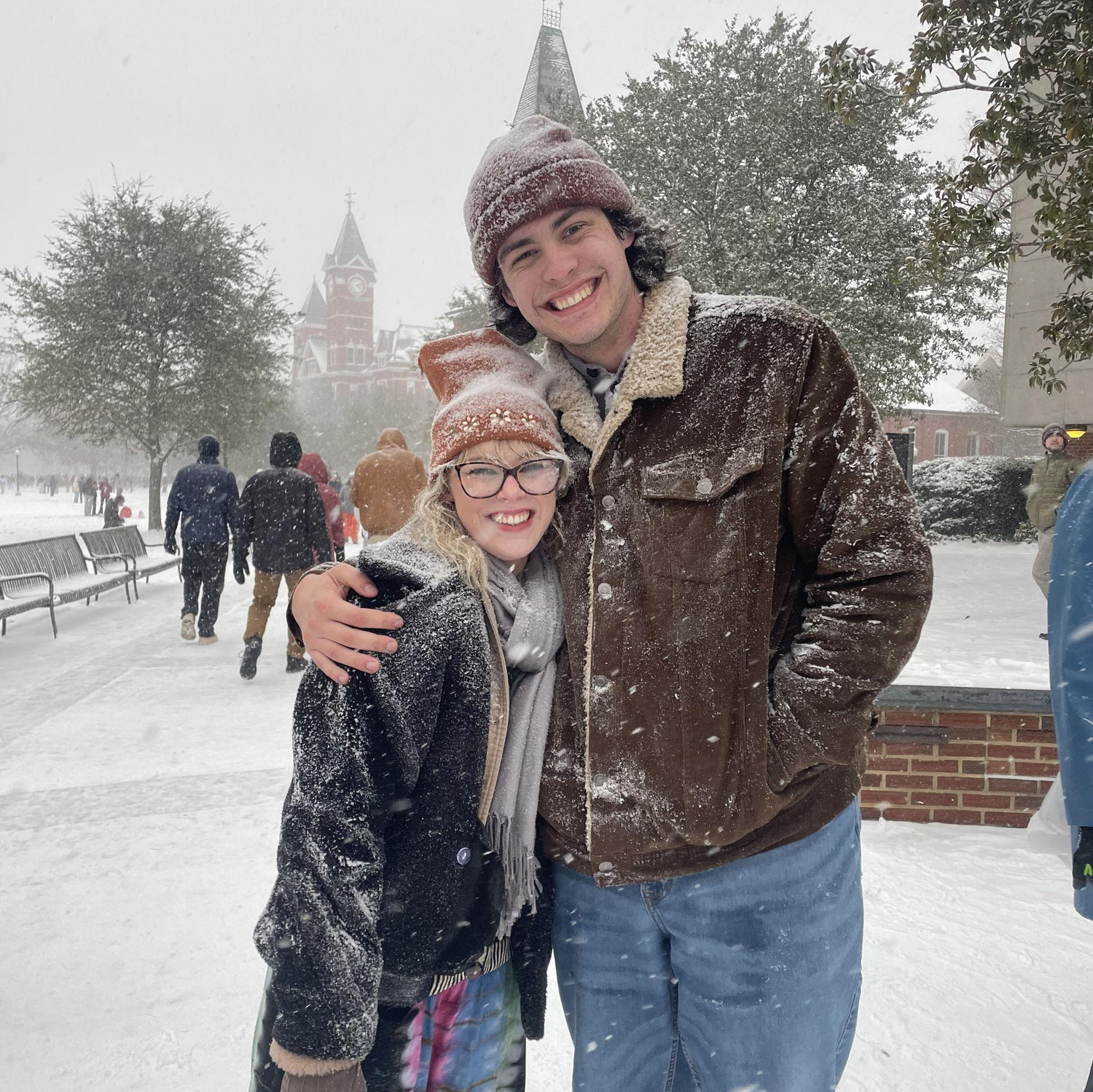 Our first photo together, on an Auburn snow day.