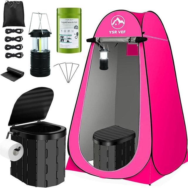 Portable Toilet Kit, Camping Toilet with Pop-Up Privacy Tent and Poo Gel Toilet Bags, Washable Portable Outdoor Showers Changing Rooms
