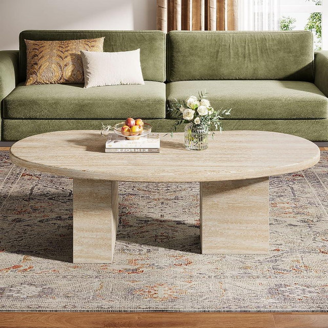Tribesigns 45.28" Oval Coffee Table for Living Room, Large Modern Coffee Table, Engineered Wood Center Table with Asymmetric Pedestal Legs, Oak