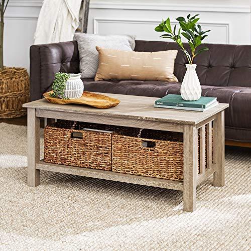 Walker Edison Furniture Company AZ40MSTAG Rustic Wood Rectangle Coffee Accent Table Storage Baskets Living Room, 40 Inch, Driftwood