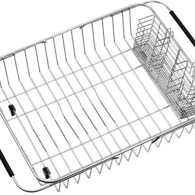 SANNO Dish Drying Rack with Stainless Steel Utensil Holder Large Dish Rack Drainer Drain Expandable Dish Rack Shelf Dish Rack in Sink or Over Sink or On Counter Rustproof Stainless Steel