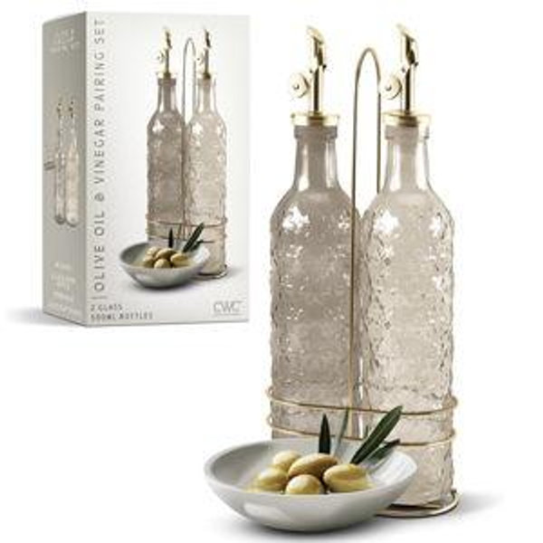 COOK WITH COLOR Glass Olive Oil Bottle Dispenser - 2 Pack- 17oz Oil and Vinegar Cruet - Olive Oil Carafe Decanter for Kitchen, Floral, Brown