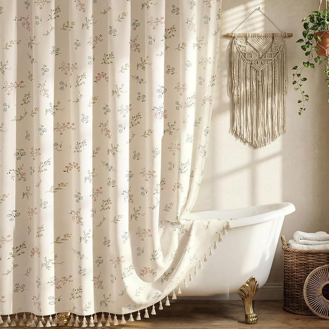 Blgiont Farmhouse Floral Shower Curtain with 12 Clear Rings, Fabric Faux Linen Shower Curtain Set, Vintage Cottagecore Shower Curtain for Bathroom 72" W x 84" L
