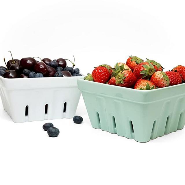 Woouch Ceramic Berry Basket, Square Fruit Bowl With Holes, Colander For Kitchen, Cute Small Container For Berries, Strawberry, Grape, Cherry, Rustic Stoneware Décor (White + Mint Green)