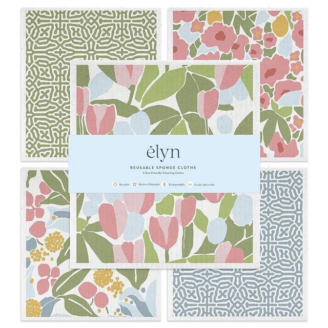 ELYN Swedish Dishcloths, Reusable & Washable Sponge Cloths, Absorbent Cleaning Paper Towels for Kitchen, Dishes, Counters and More, 5 Pack, Assorted Geometry & Floral Pattern