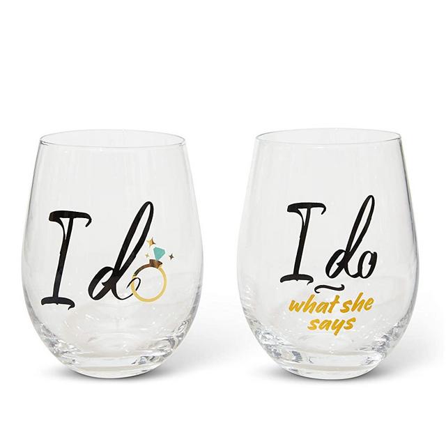 Luxander Engagement Gift For Couples - Stemless Wine Glass - I Do and I Do What She Says - Crystal - Set of 2 - Funny Anniversary Present - Gift Box