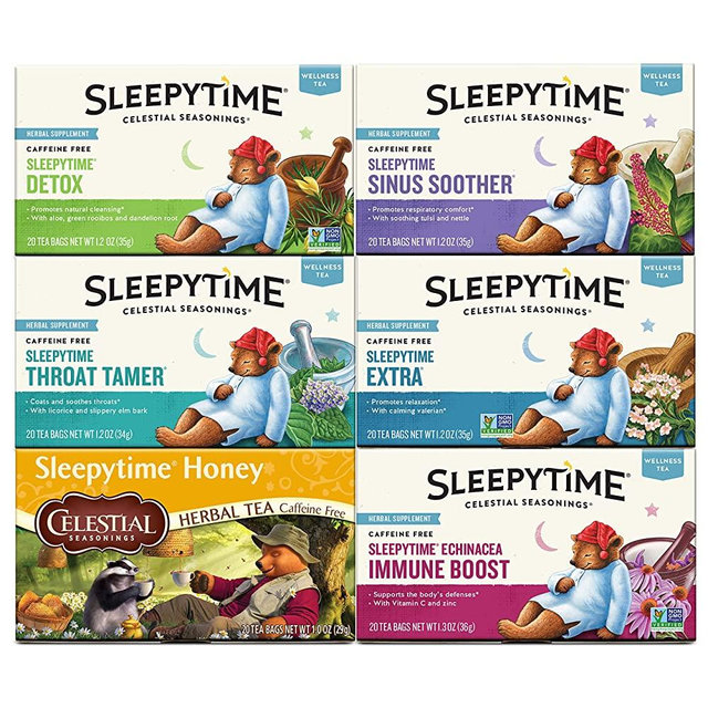 Celestial Seasonings Wellness Tea Sleepytime Variety Pack, Detox, Sinus Soother, Throat Tamer, Sleepytime Extra, Honey, Immune Boost, Caffeine Free Sleep Tea, 20 Tea Bags (Pack of 6)