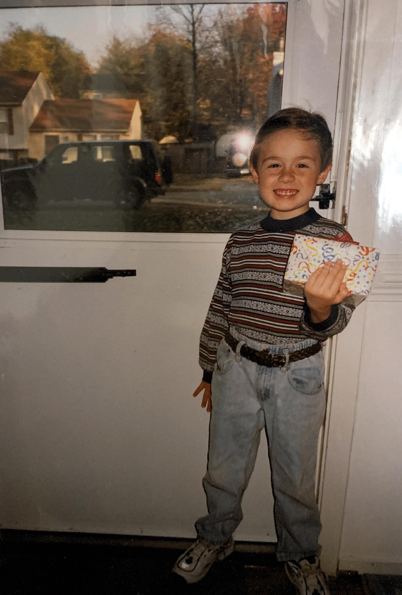 a grown-up little man boy heading to a birthday party - 2000