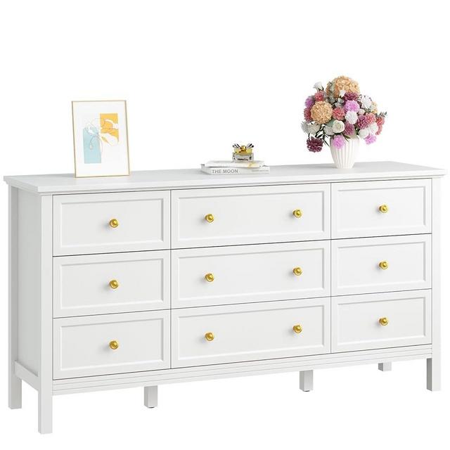 CARPETNAL White Dresser for Bedroom, 9 Drawer Dresser with Wide Drawers and Gold Metal Handles, 59" Modern Dressers & Chests of Drawers for Hallyway, Entryway.