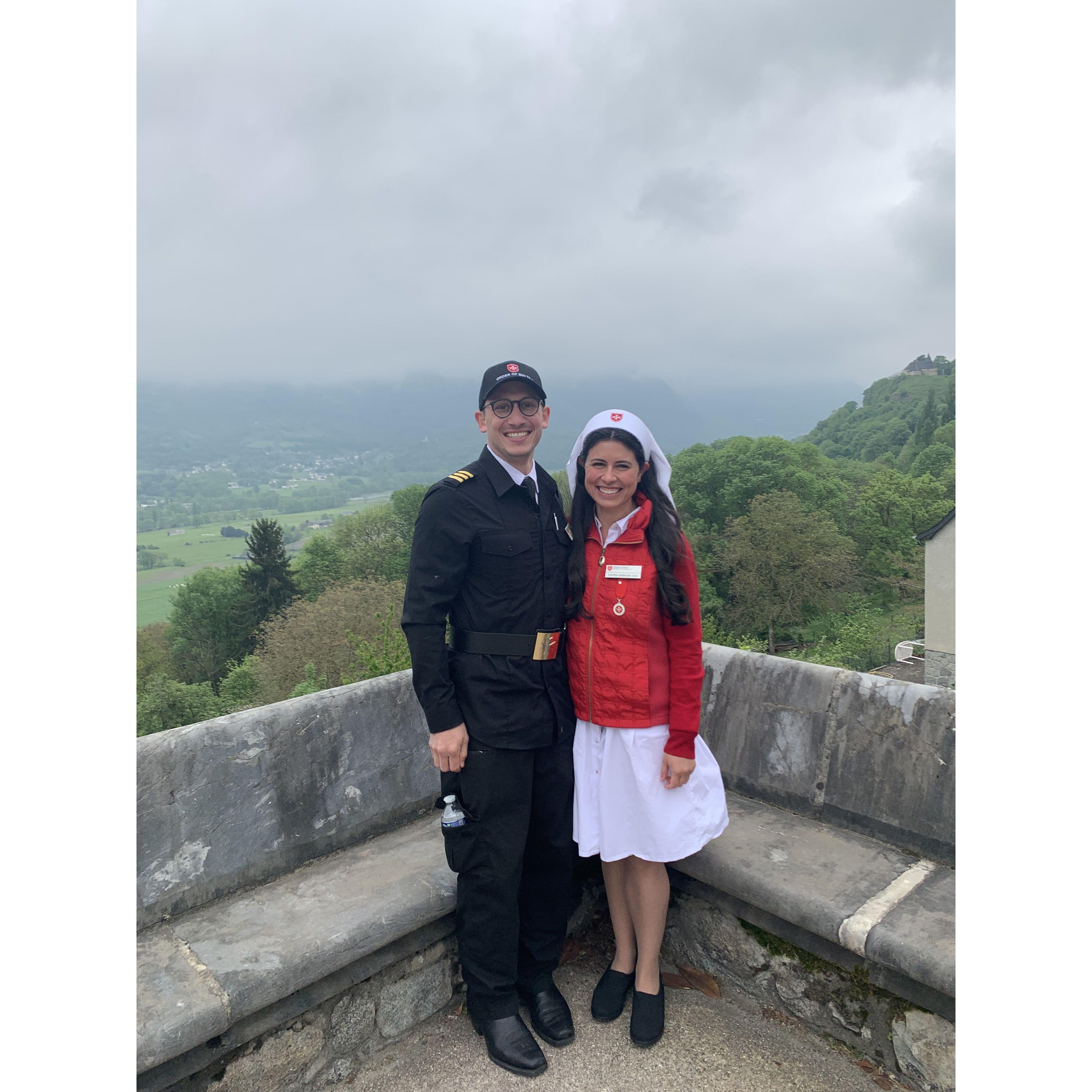 Our second trip to Lourdes together. Sadly we don’t have a photo of the first trip when we met. However, we captured this one in Saint Savin where Scott would propose the following year!