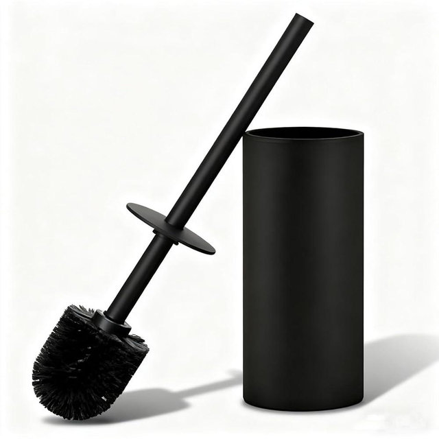 Toilet Brush and Holder Set, NEWRAIN 304 Stainless Steel Toilet Brush with Long Brush Handle, Matte Black Toilet Scrubber and Covered Holder, Round Design Sturdy and Space Saving, Covered Brush