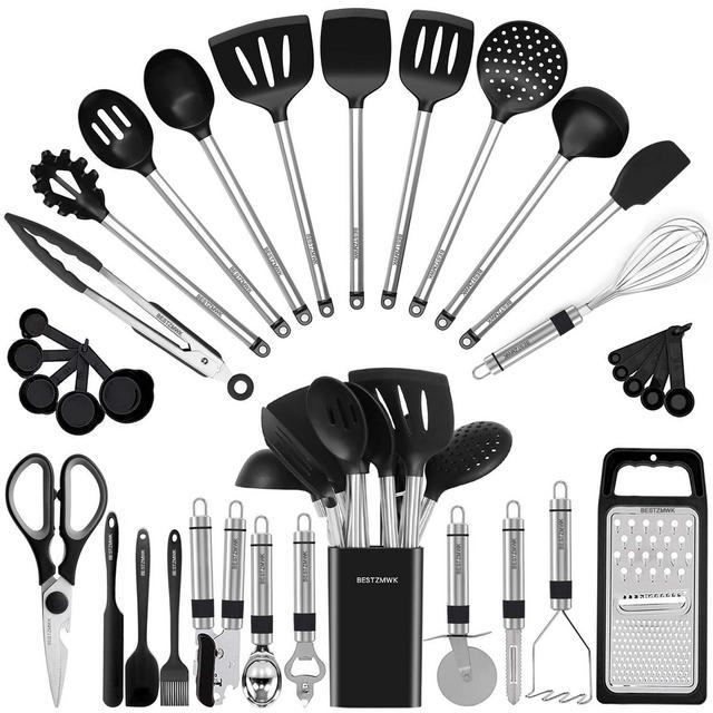 Kitchen Utensil Set-Silicone Cooking Utensils-33 Kitchen Gadgets Spoons for Nonstick Cookware-Silicone and Stainless Steel Spatula Set-Best Kitchen Tools, Useful Pots and Pans Accessories