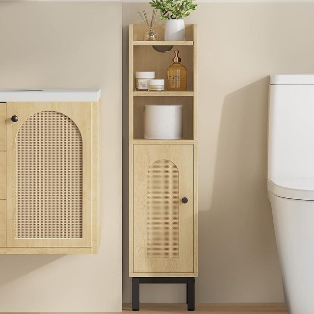 Hzuaneri Bathroom Storage Cabinet, Small Corner Floor Cabinet with Door and Shelves, Narrow Toilet Paper Holder, Bathroom Organizer with Adjustable Shelf, for Small Spaces, Rattan Yellow BC08202Y