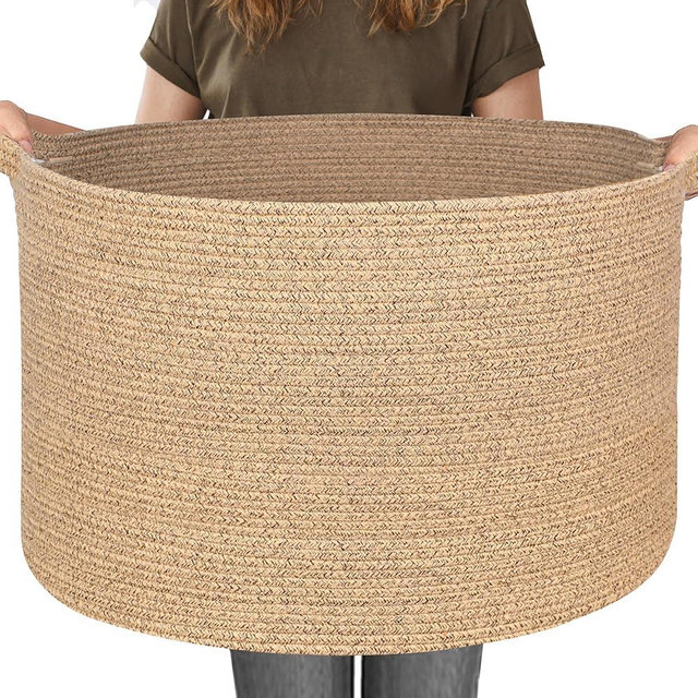 MEGASKET 115L Wicker Storage Basket, 23.6"x15.7" Woven Cotton Rope Basket, Giant Kids Dog Toy Bin Organizer, XXXL Blanket Pillow Holder for Living Room, Brown Variegated Wicker Baskets for Organizing