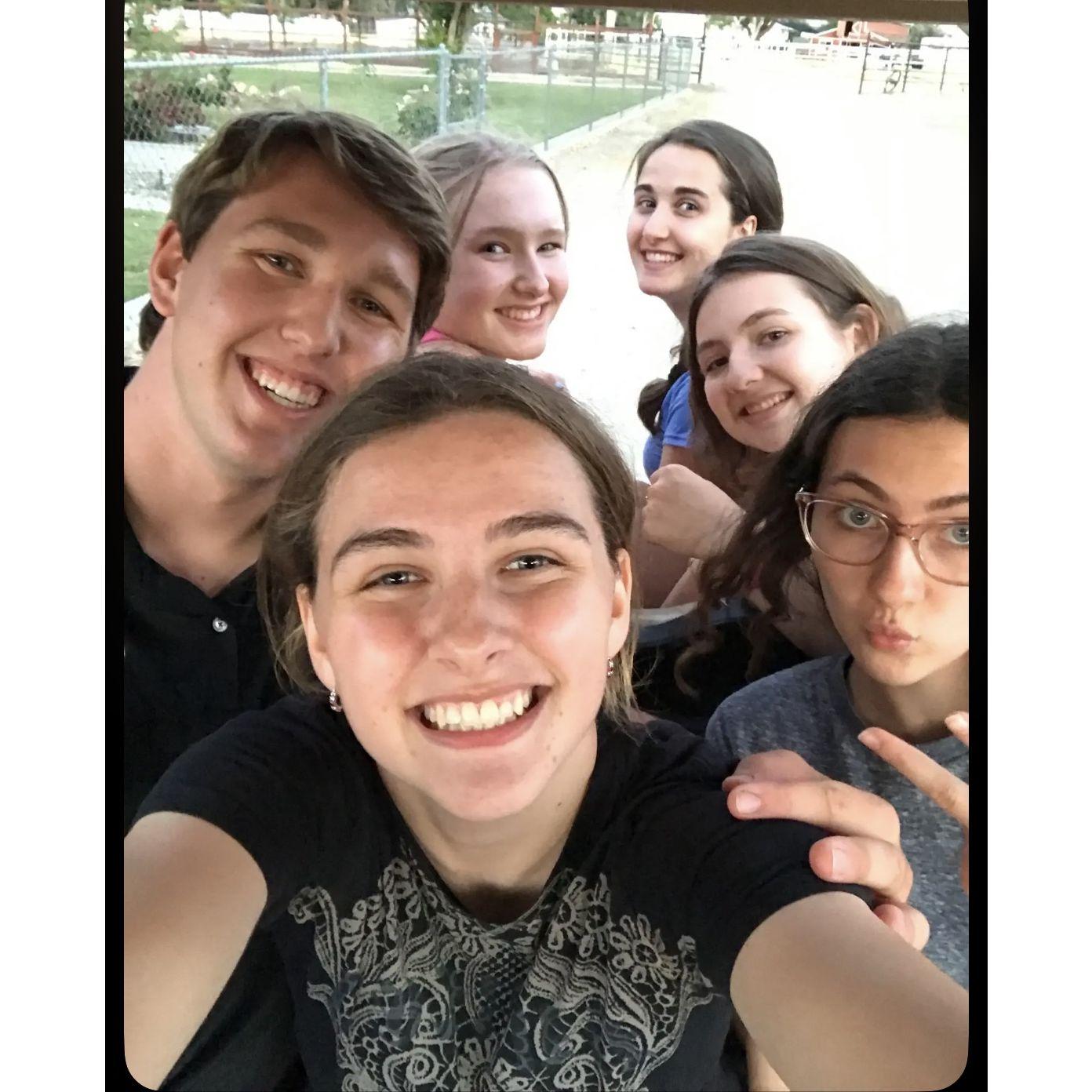 Graduation party for Redmond. On the golf cart with his sister Sonnet (behind redmond) Victoria's friends Anna (Far right) and Lexi (behind Anna) and Victoria's sister Carolina (Far back)