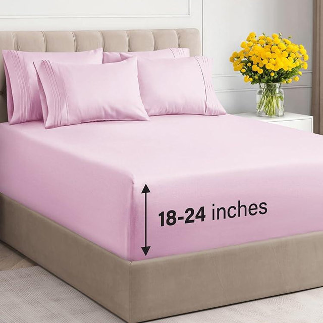 Extra Deep King Sheet Set - 6 Piece Breathable & Cooling Sheets - Hotel Luxury Bedding Set with 18-24 Inch Extra Deep Pockets - Easy Fit - Super Soft, Wrinkle Free and Comfy - Light Pink, King Size