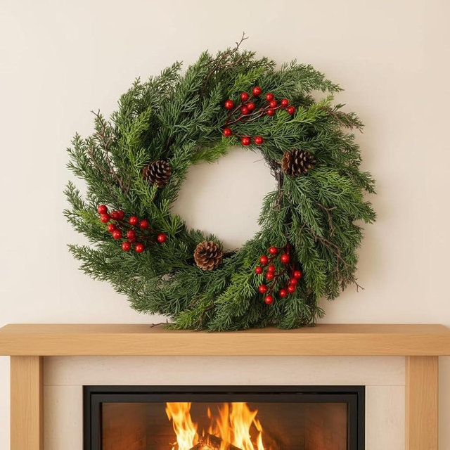 Tentowhan 24 Inch Christmas Cypress Wreath, Christmas Wreath for Front Door, Real Touch Pine Wreath,Artificial Green Cedar Wreaths with Pine Cones for Wall Window Porch Indoor Outdoor Winter Decor