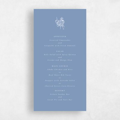 Denim Blue Wedding Menu - Peonia
