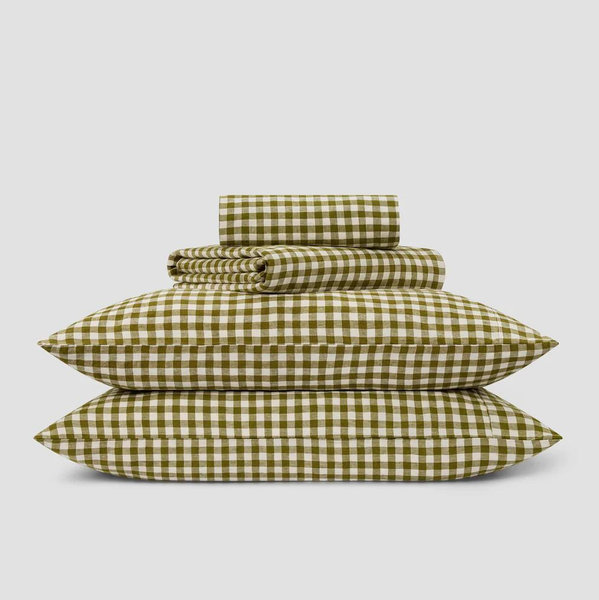 Botanical Green Gingham Linen Blend Sheet Set, Queen
