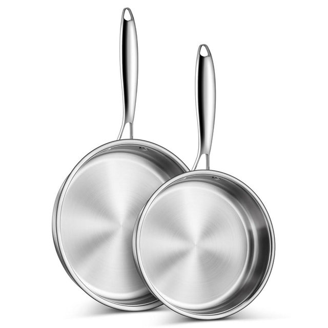 P&P CHEF 8 & 10 Inch Stainless Steel Frying Pan, 3-Ply Stainless Steel Pan Skillet, Induction Stir-fry Pan, Oven & All Stoves Safe, Heavy Duty & Even Heat, Dishwasher Safe, Silver, (2 Pieces)