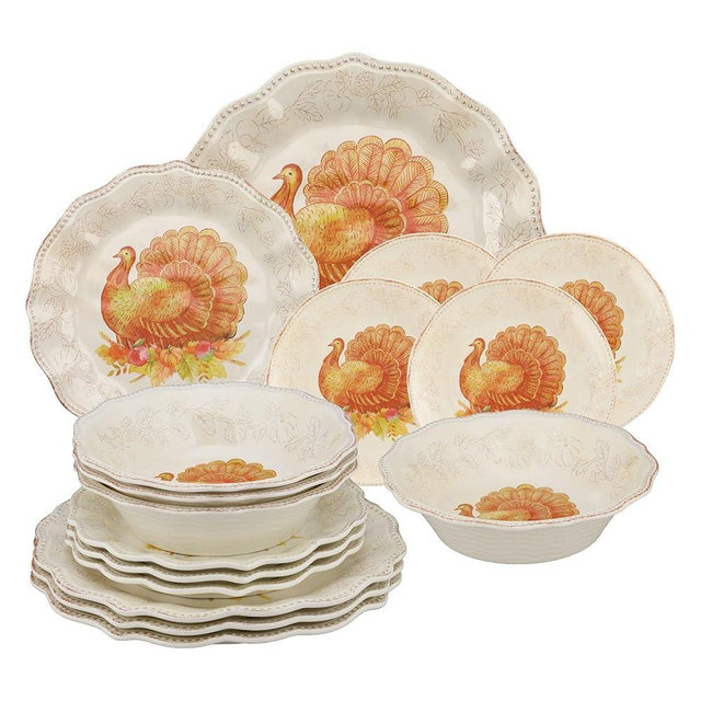 UPware 16 Piece Glitter Turkey Melamine Dinnerware Sets, Outdoor Dishes Set, Plates and Bowls Sets, Autumn Thanksgiving Decorations, Service for 4, Orange