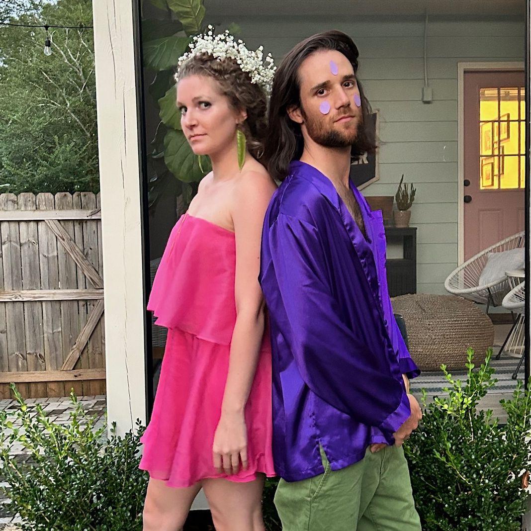 Our friend, Michael, hosted a creative flower-themed birthday party. Georgia is a sweet pea and Nick is a purple nightshade.