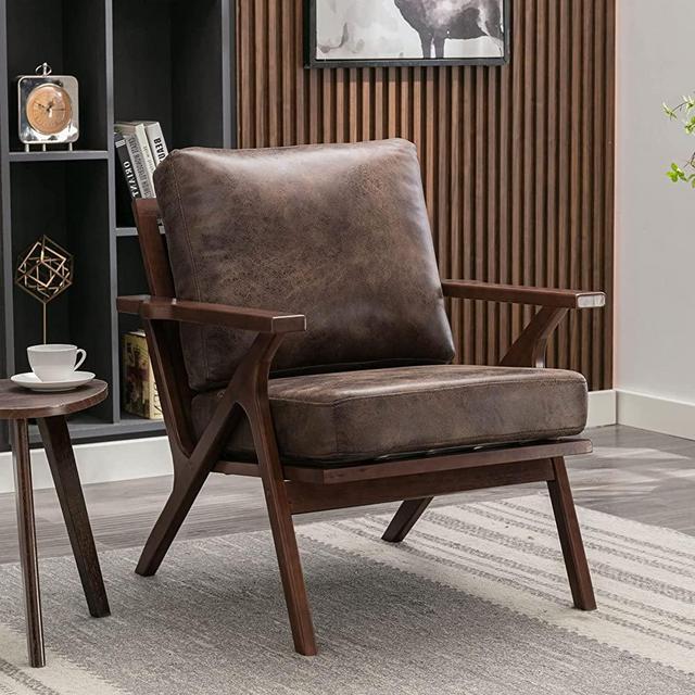 Bonzy Home Mid-Century Modern Accent Chair, Upholstered Leather Armchair with Solid Wood Frame & Removable Cushions, Comfy Retro Leisure Chair Reading Chair for Living Room, Bedroom, Brown