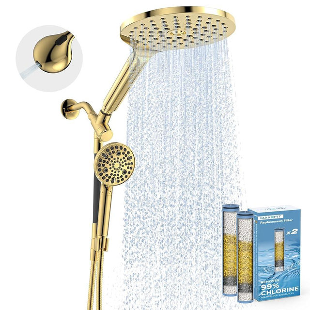 MakeFit Dual Filtered Rain Shower Head Combo, High Pressure Handheld Shower Head with Adjustable Bar - Rainfall Shower Head And Showerhead with Filter for Hard Water - Removes Chlorine(Gold)