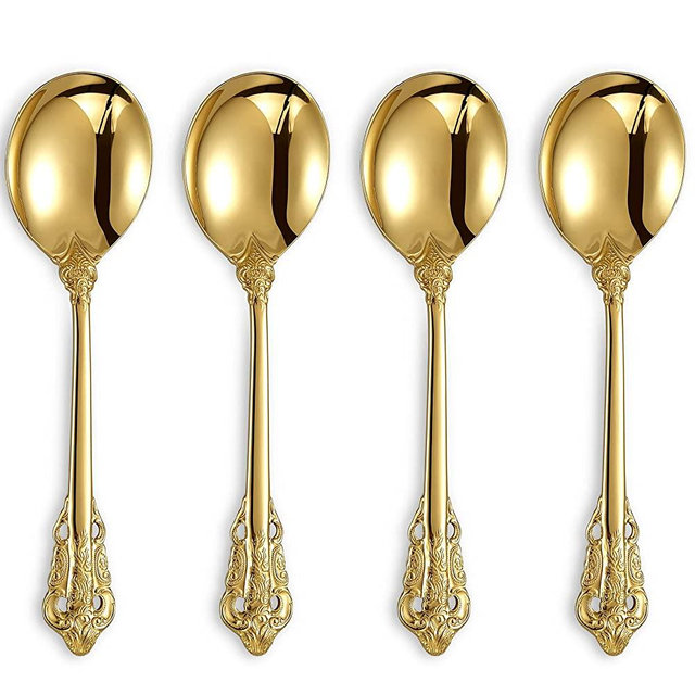 KEAWELL Gorgeous Round Soup Spoon, Set of 4, 18/10 Stainless Steel, Gold Visions Bouillon Spoon, Dishwasher Safe, Fine Mirror Polished