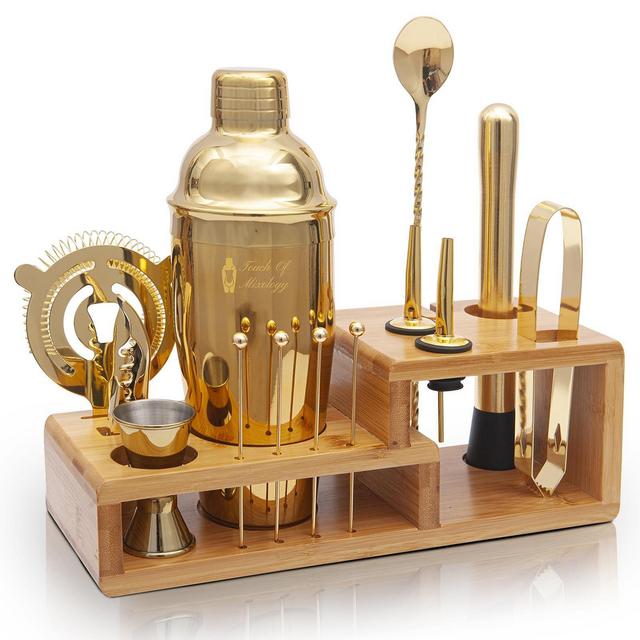 Touch of Mixology Premium 14 Piece Stainless Steel Bartender Kit with Bamboo Stand (Gold)