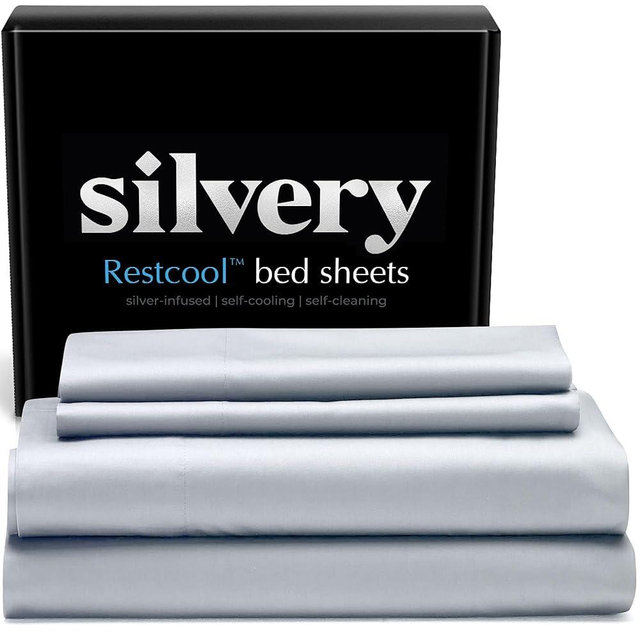 Silvery Restcool™ Silver Infused Bed Sheets Set - Award-Winning Self-Cooling Fabric for Hot Sleepers with Self-Cleaning Silvery Technology™ That Stays Fresh 3X Longer (Gray, Split King)
