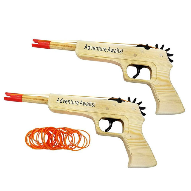 Adventure Awaits - 2-Pack Rubber Band Gun - Quality Wood & Handmade w/Orange Safety Tip - Easy Load - 20 Rubber Bands per Set