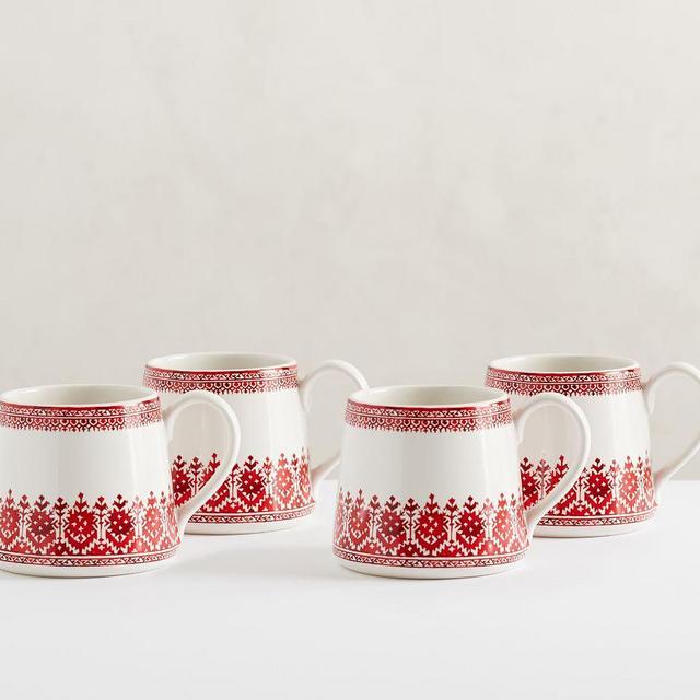 Tahoe Fair Isle Stoneware Mugs, Set of 4 - White/Red