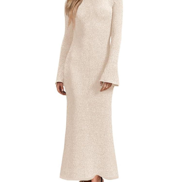 Yousify Womens Bell Long Sleeve Maxi Dress Casual Crewneck Knit Slim Fit Flowy Sweater Dresses