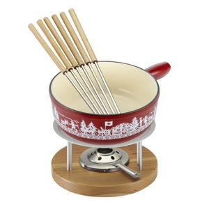 Cheese fondue set induction cast iron red Alpine meadow 24cm