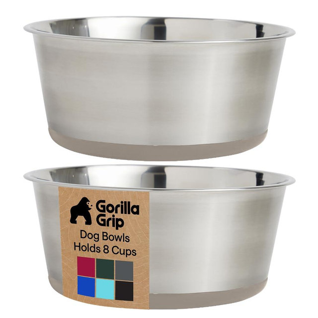 GORILLA GRIP Dog Bowls, Food Grade 304 Stainless Steel, Holds 8 Cups Each (64 fl oz) Food and Water Bowl for Feeding Dogs and Cats, Dishwasher Safe, Rust Resistant, BPA Free Rubber Base Set of 2 Beige