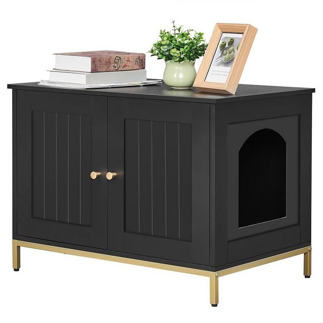 Homhedy Cat Litter Box Enclosure,Litter Box Furniture Hidden with Metal Frame,Cat Washroom Furniture,Cat House,Fit Most of Litter Box,Modern Style,Black and Gold