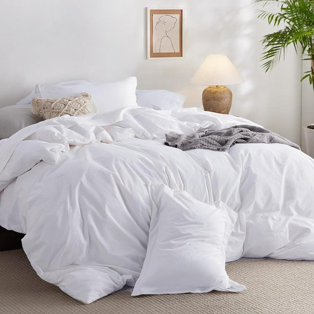 Bedsure 100% Washed Cotton Duvet Cover Queen - Bright White Minimalist Duvet Cover Linen Like - 3 Pieces Plain Simple Cotton Duvet Cover Set with 2 Pillow Shams (Bright White, Queen, 90"x90")